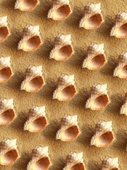 Pattern of sea shells on the sand. Background from rapana shells. Summer backdrop. Clam house.