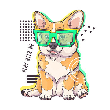 Portrait of the funny Corgi dog with green pixel glasses. Play with me - lettering quote. Cute dog puppy for posters, postcards, t-shirt prints. Vector hand drawn style illustration.