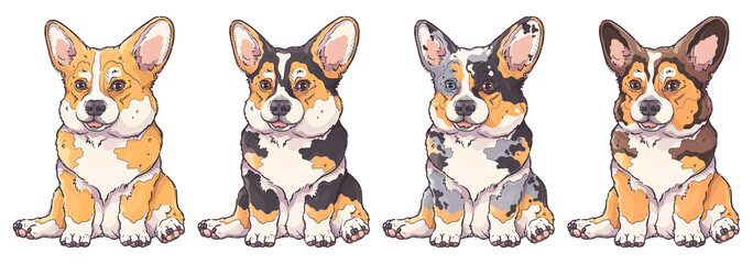 Portrait of the funny Corgi dogs. Corgi collection of different coat colors. Cute dog puppies for posters, postcards, t-shirt prints. Vector hand drawn style illustration.