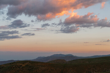 Beautiful landscape in the morning. Panoramic view on the mountains and hill at the sunrise.