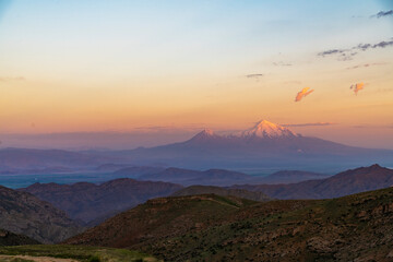 Panoramic view at the Ararat mountains on the sunrise.