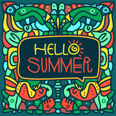 Handwriting Letter Hello Summer. Hand drawn name of the season of the year with an abstract background. Colorful ornament. Doodle drawings. A bright poster with a welcome phrase. Vector illustration