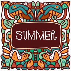 Handwriting Letter Hello Summer. Hand drawn name of the season of the year with an abstract background. Colorful ornament. Doodle drawings. A bright poster with a welcome phrase. Vector illustration