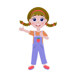The girl shows the class. Super Gesture. Girl in overalls with pigtails 