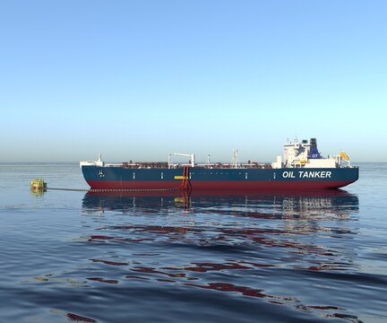 Oil tanker at the SPM buoy. 3d-rendering. A double-acting Arctic tanker at a single-point mooring (SPM buoy). Oil terminal with connected flexible hoses. The process of oil transshipment. 
