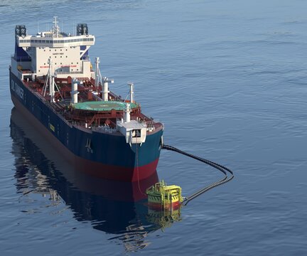 Oil tanker at the SPM buoy. 3d-rendering. A double-acting Arctic tanker at a single-point mooring (SPM buoy). Oil terminal with connected flexible hoses. The process of oil transshipment. 