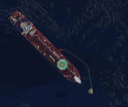 Oil tanker at the SPM buoy. 3d-rendering. A double-acting Arctic tanker at a single-point mooring (SPM buoy). Oil terminal with connected flexible hoses. The process of oil transshipment. 