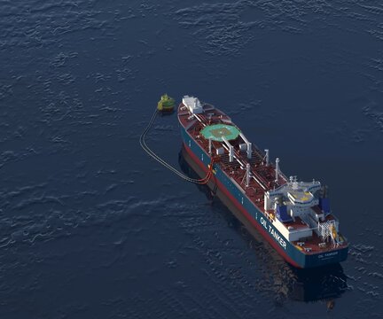 Oil tanker at the SPM buoy. 3d-rendering. A double-acting Arctic tanker at a single-point mooring (SPM buoy). Oil terminal with connected flexible hoses. The process of oil transshipment. 