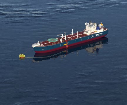 Oil tanker at the SPM buoy. 3d-rendering. A double-acting Arctic tanker at a single-point mooring (SPM buoy). Oil terminal with connected flexible hoses. The process of oil transshipment. 