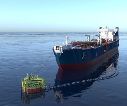Oil tanker at the SPM buoy. 3d-rendering. A double-acting Arctic tanker at a single-point mooring (SPM buoy). Oil terminal with connected flexible hoses. The process of oil transshipment. 