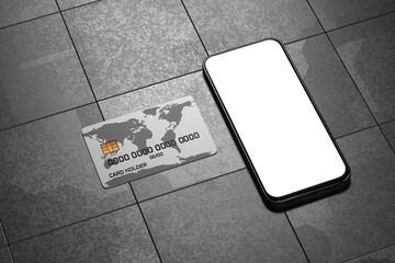 Mobile payment concept. White phone screen with a bank card on a technological metal table. Plastic card for online payments. 3D visualization.