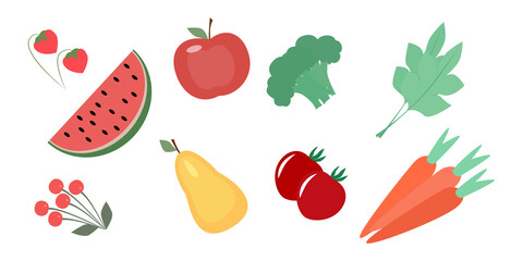 Vegetables and fruits for planning a healthy diet. Colorful flat vector illustration. Vegan food.