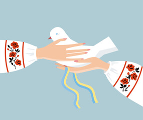 Vector style illustration. Two hands hold a dove as a symbol of peace. There is also a ribbon with Ukraine flag color in the woman's hands. A woman is in an embroidery dress.
