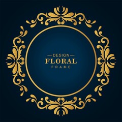 Decorative artistic luxury golden circular floral frame blue background