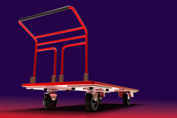 Storage trolley. Empty warehouse trolley. Realistic cargo cart on dark background. Red cart with...