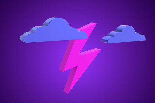Weather thunderbolt. Lightning and clouds to as symbol of Storm warning. Purple lightning volumetric. Concept of approaching thunderstorm front. Lightning and clouds on purple. 3d image.