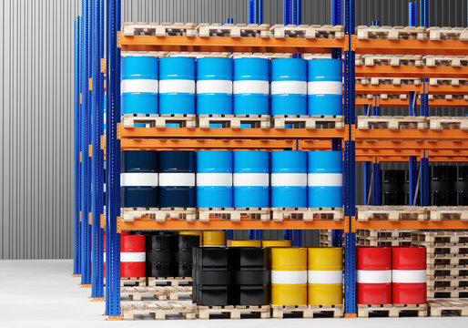 Warehouse of chemistry. Multi-colored barrels on wooden pallets. Barrel racks. Toxic products on pallets. Storage area for chemical production concept. Chemical warehouse interior. 3d rendering.