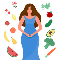 Obraz premium Vegetables and fruits for a healthy diet for a beautiful pregnant woman. Flat vector. Girl surrounded by vegetables and fruits.