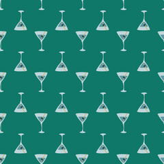 Martini glass with olive and skewer seamless pattern. Doodle style. Color hand drawn image. Repeat template. Party drinks concept. Freehand drawing. Cartoon sketch graphic draft