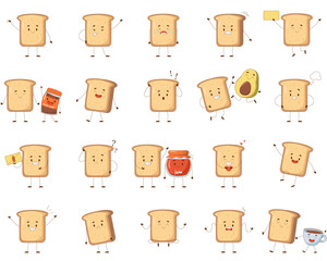 Set of cute toast bread character. Various character emotions. Set for design in cartoon style. Vector illustration for designs, prints and patterns. Stock vector illustration