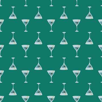 Martini glass with olive and skewer seamless pattern. Doodle style. Color hand drawn image. Repeat template. Party drinks concept. Freehand drawing. Cartoon sketch graphic draft