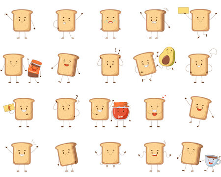 Set of cute toast bread character. Various character emotions. Set for design in cartoon style. Vector illustration for designs, prints and patterns. Stock vector illustration