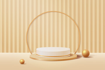 Abstract geometric shape background with modern minimal 3d white and gold round pedestal podium