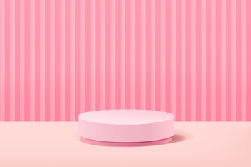 Pastel pink abstract geometric shape background and 3d round pedestal podium