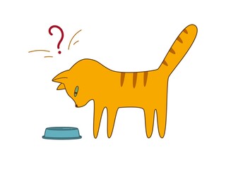 Funny cartoon red cat looks into an empty bowl. Vector illustration isolated on white background