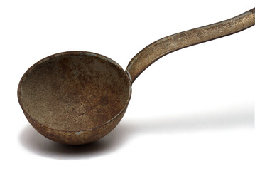 Extreme closeup rusty old ladle kitchen helper