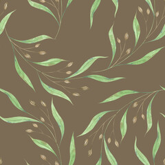 Fototapeta premium Wild herbs with seeds. Watercolor botanical pattern on brown background. Green elegant leaves. I
