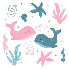 Vector hand-drawn colour children's drawing with whales, girl and boy and Scandinavian design elements on a white background.