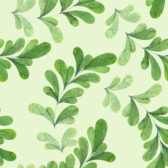 Forest green leaves. Botanical seamless pattern. Watercolor plants on a yellow-green background.