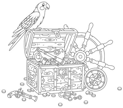 recommend clip art: Funny parrot perched on a treasure chest full of gold coins, a pirate map and an old wooden helm with a marine compass from a filibuster sailboat, black and white vector cartoon for a coloring book