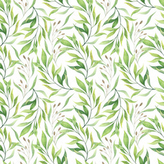 Green leaves and seeds. Elegant wild grasses. A vegetal seamless pattern.
