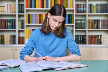 Teenage guy studying in college library, writing in notebook reading books