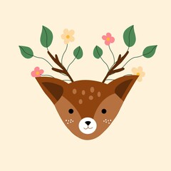 Summer and spring vector illustration with cute deer and flowers.