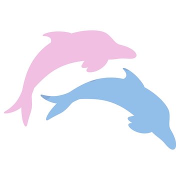 Cartoon pink and blue dolphins Illustration on white background 