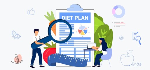 Nutritionist concept Diet plan Weight loss program Online medical consultation Healthcare Nutrition therapy Healthy food and physical activity Vector illustration flat Checklist Doctor planning diet
