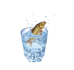 carpe, poisson, évasion, eau, en verre, boire, isolé, liquide, clapoter, froid, blanc, abattre, frais, bleu, éclaboussure, verser, bouillonner, sain, clair, transparent, fraîcheur, humide, glace