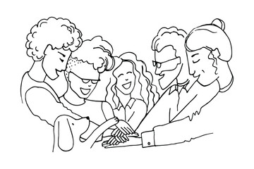 Hands putting together. Team of people celebrate success in work collaboration. Hands showing unity and teamwork or support between colleagues concept. Linear sketch vector illustration