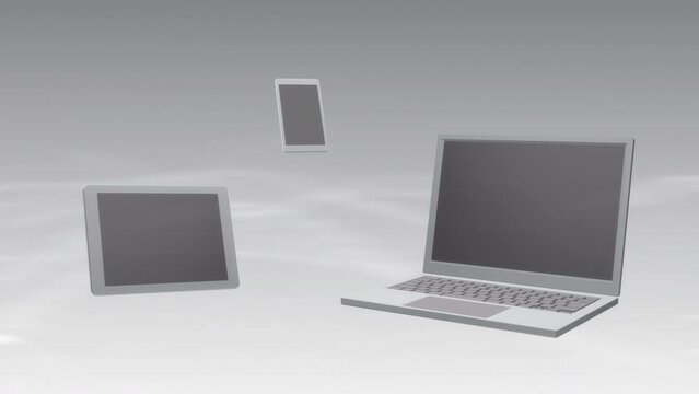 スマホ・タブレット・ノートPCが現れるITソリューションCGイメージ素材白