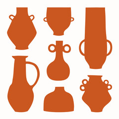 Ceramic jars, pots and vases. Hand drawn vector set of pottery. Ancient vessels. Flat illustration.