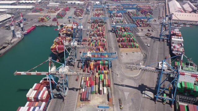 Containers and cargo ships at israel port drone view

Drone view from , Israel, Ashdod,June,07,2022, freight shipping concept

