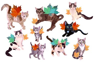 Funny cats - dragons with wings made of fallen maple leaves isolated on a white background in a vector seamless pattern. Beautiful collection of animal prints.