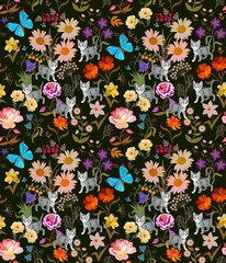 Bright bed linen print. Seamless multicolor natural pattern with little kittens playing among the flowers  and huge butterflies on black background in vector.