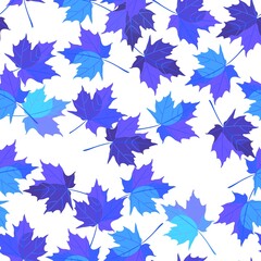 Blob-like blue maple leaves beautifully arranged on a white background in vector. Bright seamless autumn pattern for fabric.