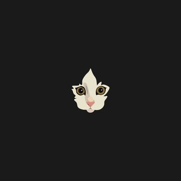 Funny cat face with a white spot in the shape of a maple leaf isolated on a black background in vector. Icon, symbol of Chinese New Year 2023.