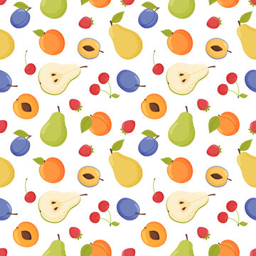 Fruit seamless pattern. Garden fruits and berries on a white background.