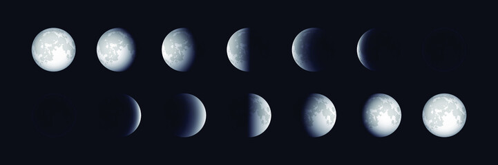 Moon phases set isolated on dark background. Vector